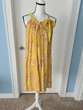 BELLAMBIA ITALIAN LINEN MUSTARD YELLOWFloral HALTER BOW TIE SUN Dress S
